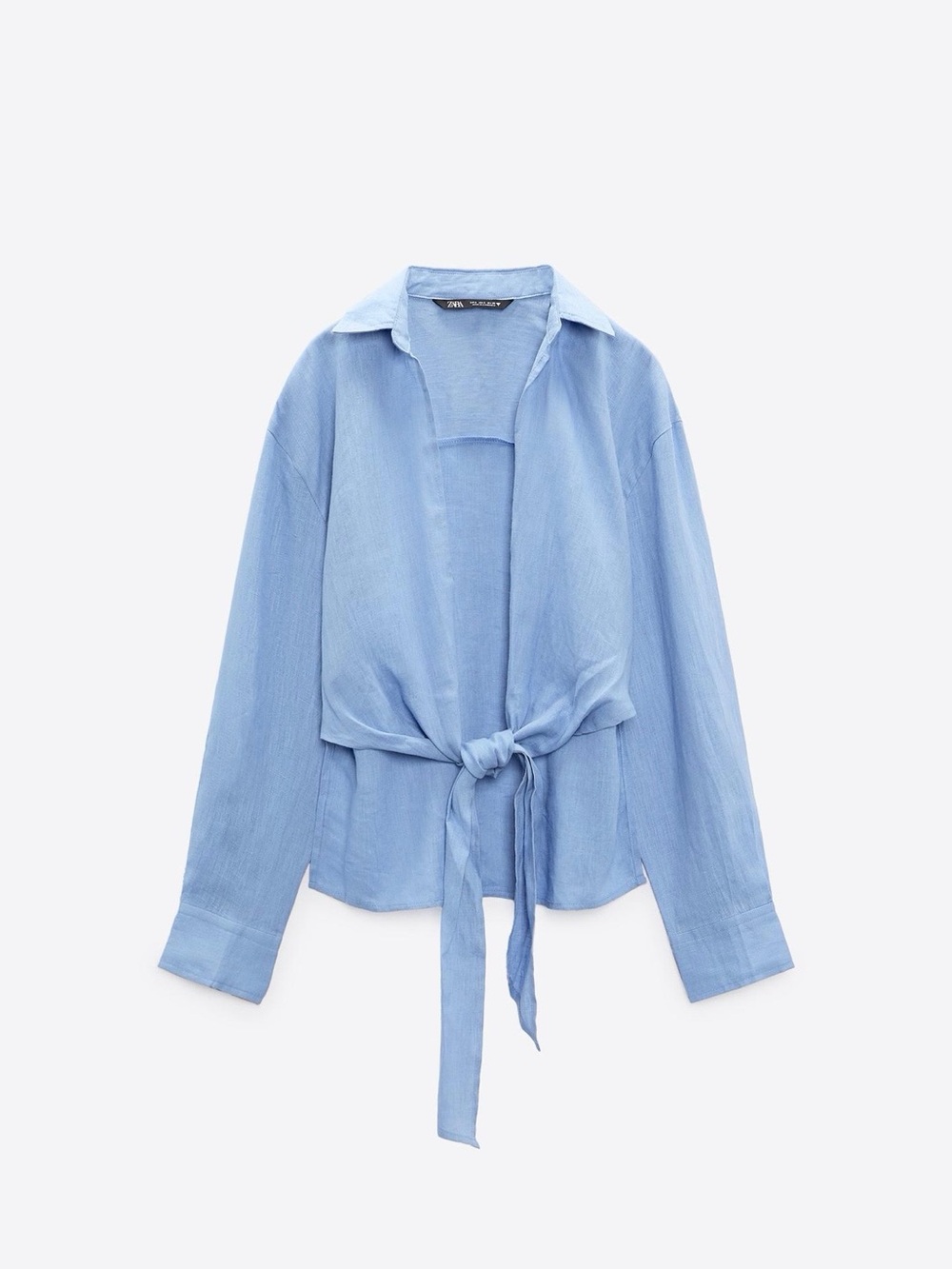 Zara Light Blue Tie-Front Button-Down Shirt